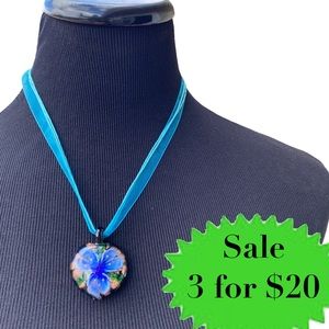 Heart glass pendant necklace millefiori multi strand turquoise floral gold blue